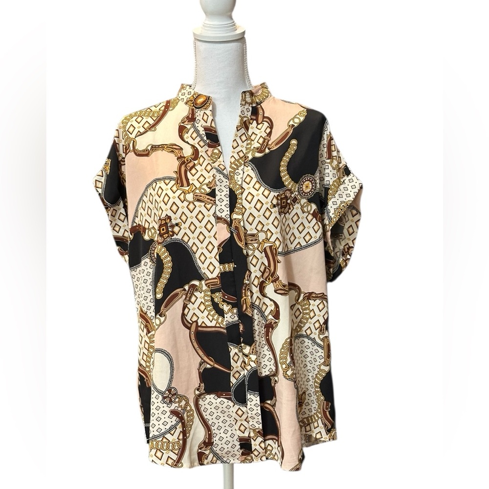 1XL CURVE HORSE BRIDLE TASSELS PRINT VNECK BLOUSE NWOT.